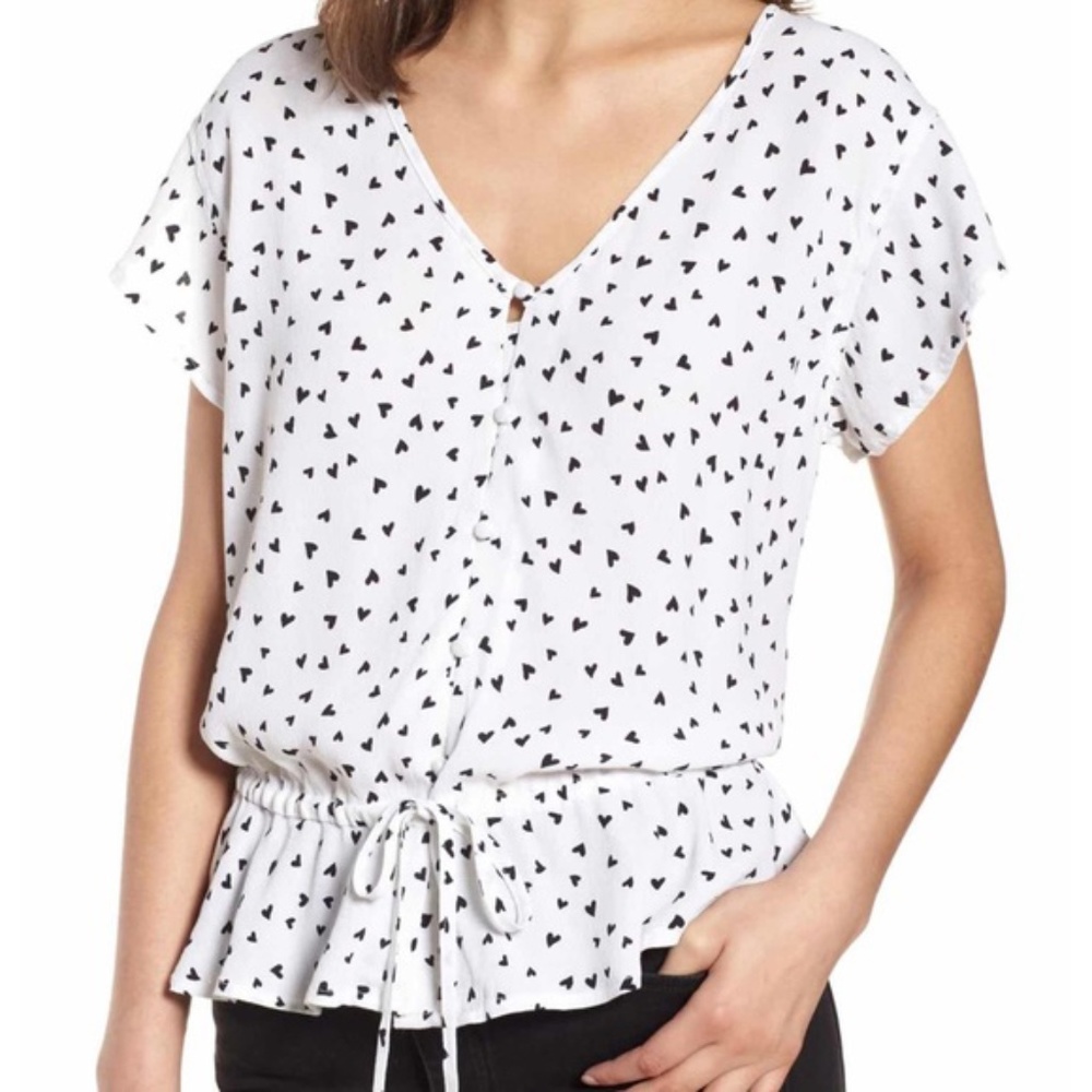Rails Black Heart Print Flutter Sleeve Peplum Blouse